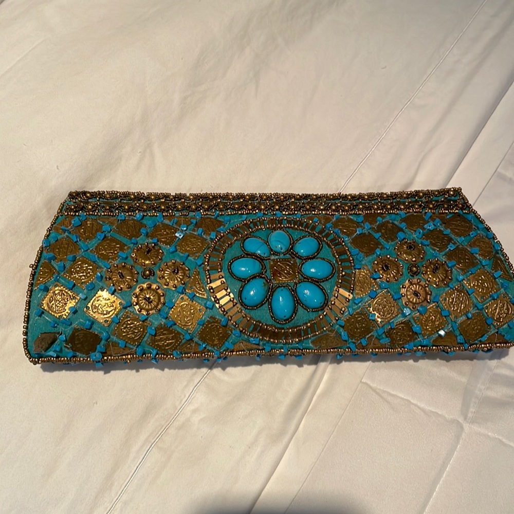 Beautiful India designer bag in gold and turquoise